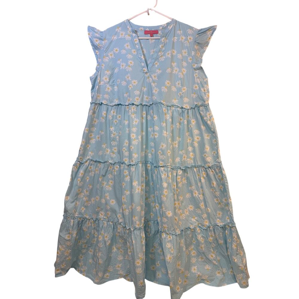 Simply Southern Blue Daisy Tiered Midi Dress Women’s L Floral Flutter Sleeve